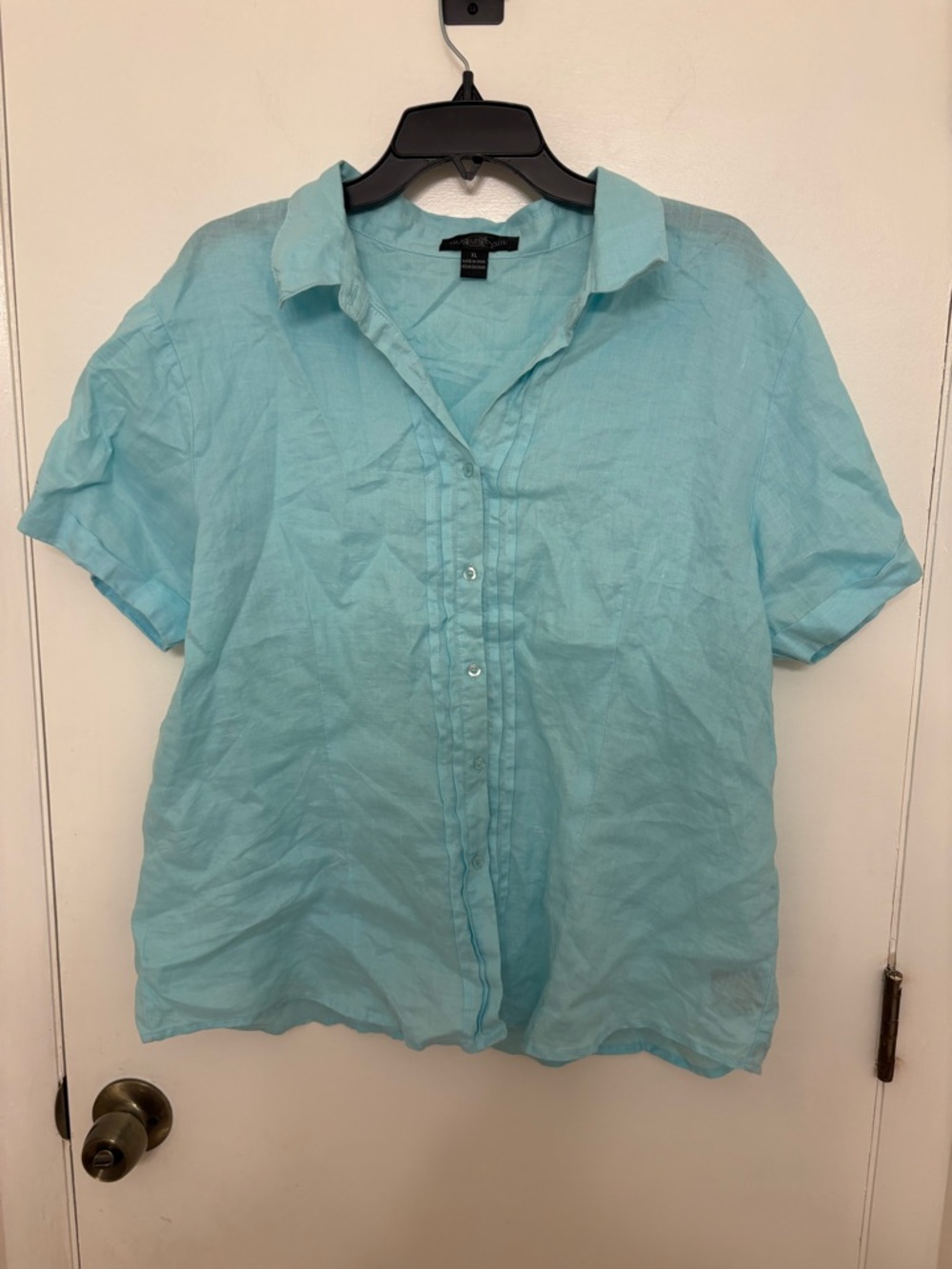 AUGUST SILK | 100% Linen Blouse | Pintuck Detail Button-Front | Light Blue | XL